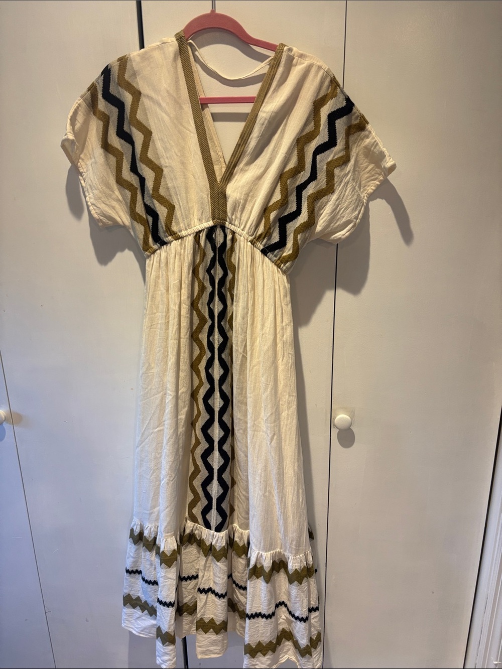 Boho Embroidered V-Neck Maxi Dress in Cream, Olive & Black